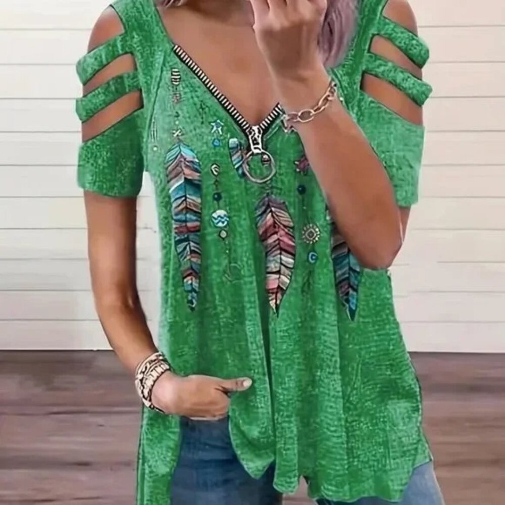 New Stylish Feather Print Shirt Top Cut Out Sleeves and Casual Zipper XL 1X